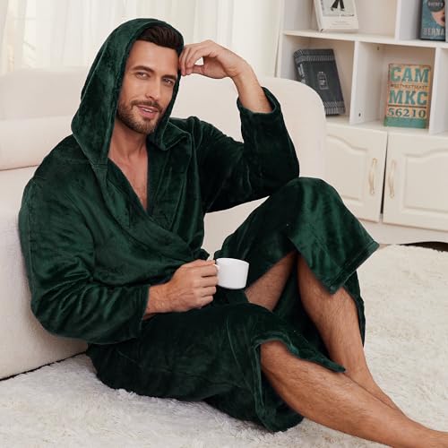 Image of Mens Hooded Fleece Robe, Lightweight Soft Warm Fleece Bathrobe Shower Spa Long Robe With Pockets
