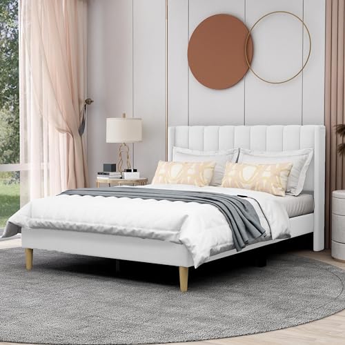 Image of AGARTT Upholstered Platform Bed Frame Full Size, White Linen