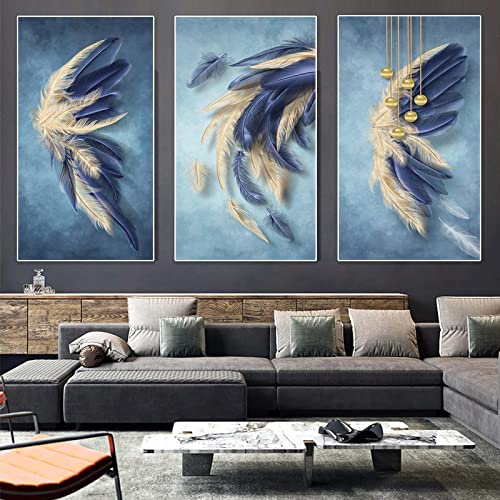 Affiche vintage décoration murale maison tableau plume bleue impression sur toile 50x100cm