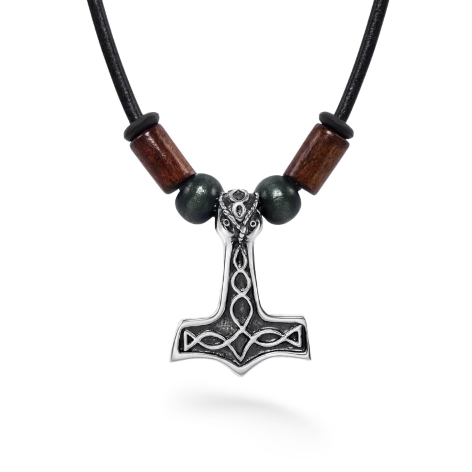 Collar De Cuero Para Hombre Con Colgante De Martillo Vikingo Y Perlas De Madera