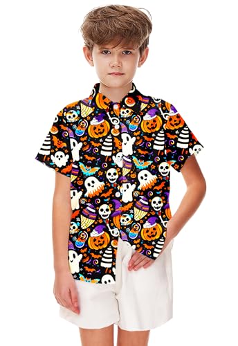 Image of Remimi Unisex Kids Halloween Shirt Boys Pumpkin Ghost Shirts Hawaii Button Up Tops 5-14 Years