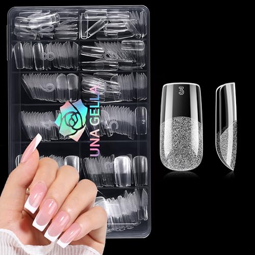 UNA GELLA Medium Square Nail Tips: 240pcs Clear Press on Nails Pre-Etched Half Matte Gel Nail Tips Soft French Acrylic False Nails Extension 12 Sizes Salon Home DIY