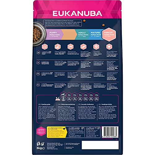 Eukanuba Hundefutter mit frischem Huhn für mittelgroße Rassen, Premium Trockenfutter für Senior Hunde, 3 kg