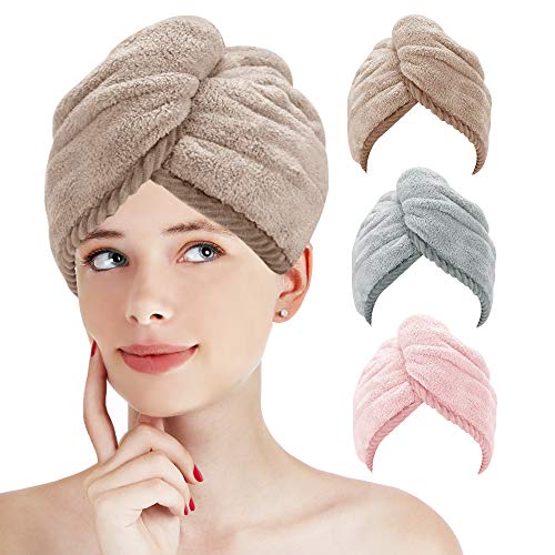 Suntee 3 Pack Microfiber Hair Towel Wrap, Super Absorbent Hair Drying Turban Towel, Quick Drying Hair with Button, Bath Caps for Women Curly, Long & Thick Hair (Pink, Brown, Gray)