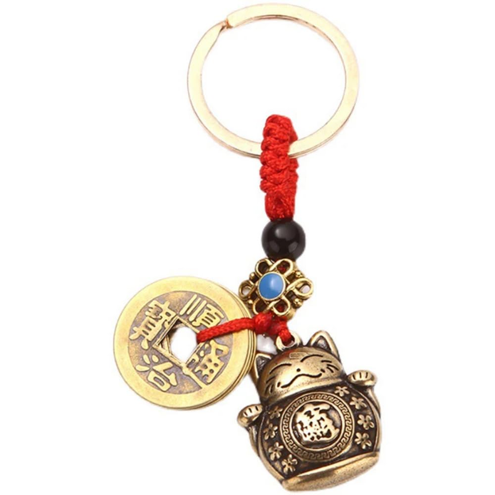 DFHEsdfD Keyring pendants, Pure Handmade Brass Lucky Cat Car Keychain Five Emperors Money
