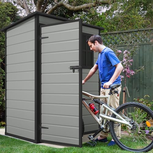 Image of DWVO 5x3 FT Outdoor Storage Shed with Floor, All-Weather Resin Storage Shed with Lockable Door & Window, Waterproof Plastic Tool Storage for Garden, Backyard, Patio, Lawn,Blue-Gray+Black