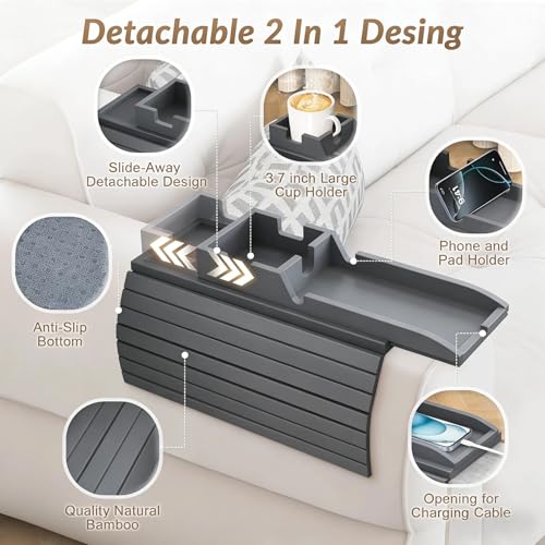 Image of FUNKYLEE Bamboo Couch Armrest Table, Couch Arm Tray with Removable Couch Cup Holder, 2 in 1 Design Foldable Anti-Slip Bamboo Sofa Arm Tray for Remote Controls, Phones, Cups and Snacks (Grey)