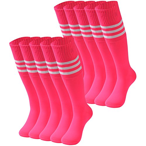 saounisi Women Knee High Socks, 10 Pairs Soccer Football Volleyball Sports Team Tube Socks Pink Striped Breast Cancer Awareness Size 9-13 Rose Red