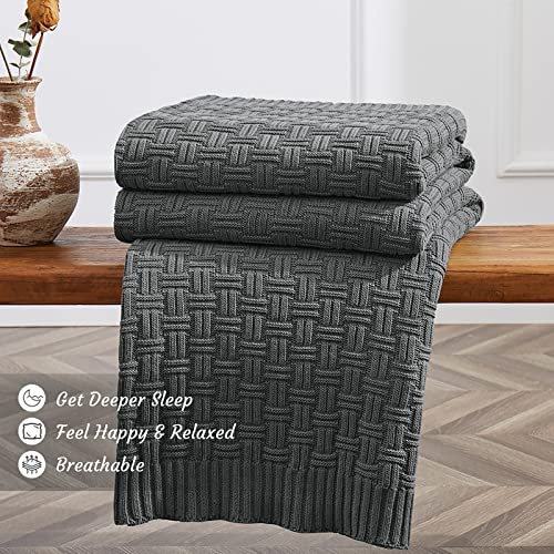 Image of TREELY 100% Cotton Knitted Throw Blanket 50 x 60 Inches, Dark Grey