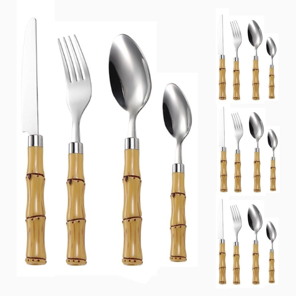 Juego de cubiertos de acero inoxidable con mango de bambú for cocina, vajilla de acero inoxidable, ideal for el hogar, restaurantes, banquetes, cuchillos, tenedores y cucharas (dorado, 16 piezas)(Silv