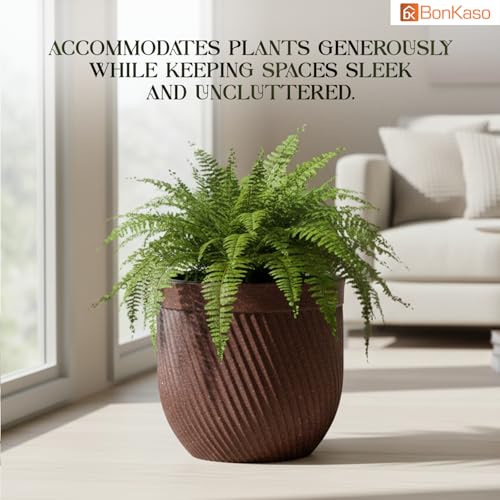 Image of Bonkaso 12 Inch Seltos Ribbed Planter for Indoor & Outdoor Use | Round Heavy Duty Polymer Flower Pot | Lightweight Weather Resistant Modern Gamla for Living Room Balcony & Terrace (Brown)