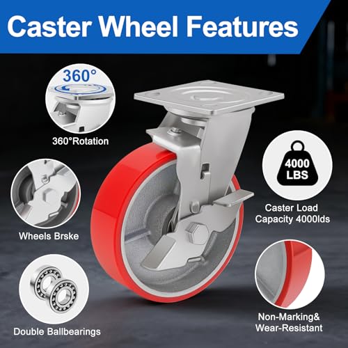 Image of Nefish 6 Inch Industrial Casters Set of 4 Heavy Duty No Noise Polyurethane Wheel on Steel Hub, Workbench Casters with Brakes 4800 Lbs, Plate Swivel Casters for Toolbox Workbench (4 Swivel & Brakes)