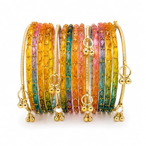Image of Kaher Kashmiri Glass Bangle with gunghro Set for Women| Traditional, Fancy Glass Chudi Set for Festival, Wedding, and Party (Set Of 16)