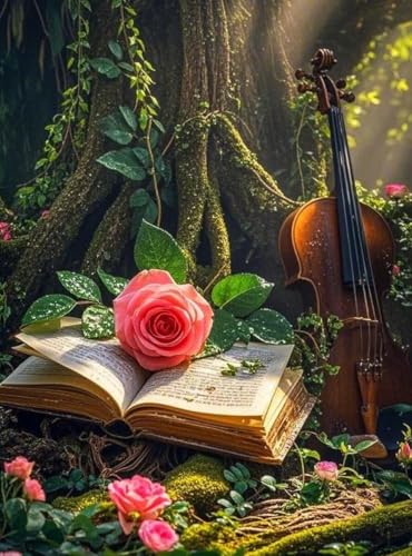 LFYNIORS DIY Cuentas Para Bordar Rosas Y Violín Kit De Bordado Con Cuentas Para Principiantes Y Adultos,Regalos Hechos A Mano,Kit De Inicio Para Amantes De Las Manualidades. 40x50cm