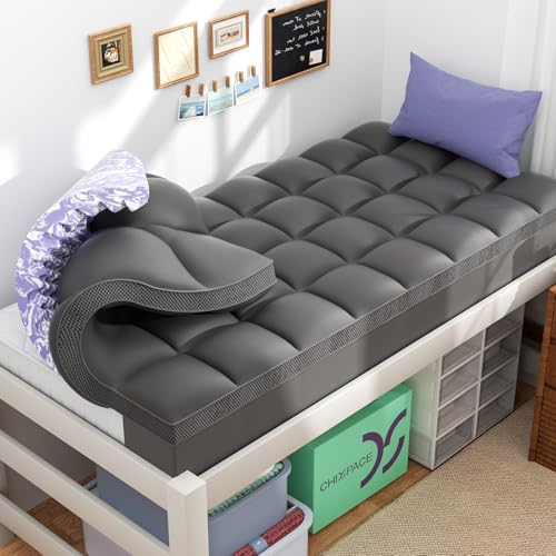 Image of ChiXpace Dual Layer Memory Foam Twin XL Mattress Topper - 3 Inch Cooling Pillow Top Cover Rayon and 2 Inch Gel Egg Crate Foam, Twin XL Extra Long College Dorm Room Essentials (Grey)