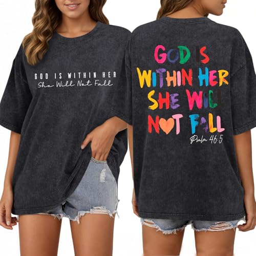 Wedsadl Women God is Within Her She Will Not Fall Shirt Oversized Christian T Shirts Jesus Faith Bible Verse Graphic Tee Tops(Black,L)