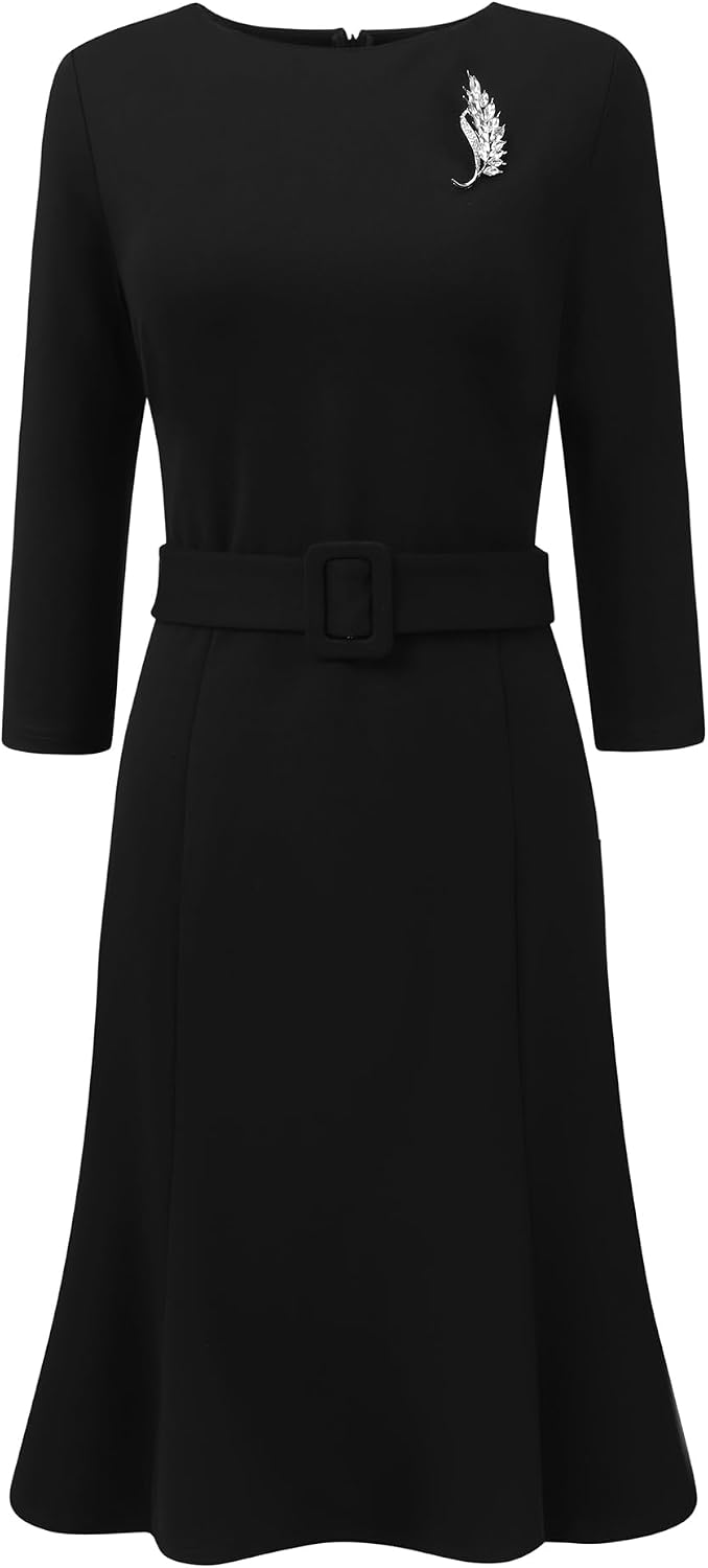 Hobemty Women's Funeral Dress with Brooch 3/4 Sleeve Boat Neck Fishtails Midi Dress