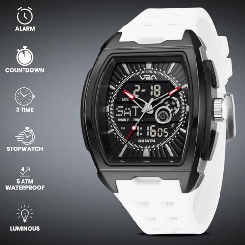 Image of V2A Impact 50mm Analog Digital Watch for Men | Tonneau Sports Case Design | Alarm Stopwatch Countdown Dual Time | TPU Strap | 50M Water Resistant | Gift for Men