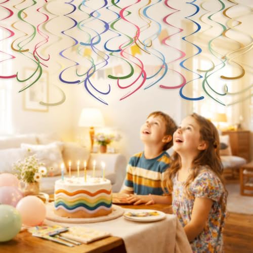 Image of HonuGoGo 48-Piece Hanging Swirl Decorations for Ceiling, Boho Retro Paper Streamers in Soft Vintage Tones, Eye-Catching Party Decor for Birthdays, Baby Showers, Weddings, Classroom & Home Celebration