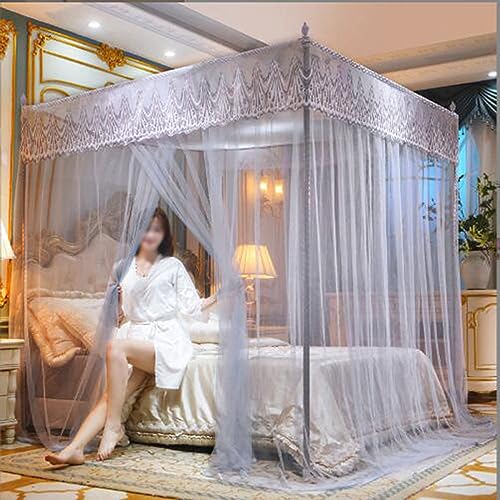 Cama con dosel de acero inoxidable 4 postes verdes y mosquitera textil 2