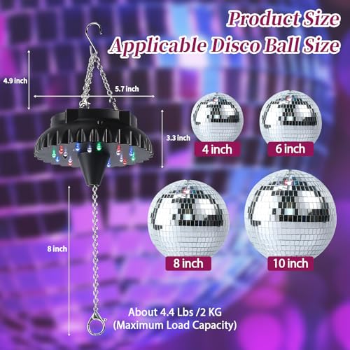 Bola espejada rosa de 8 pulgadas y motor para bola espejada con control remoto, rotador de bola espejada giratoria recargable con batería y velocidad ajustable – 18 luces LED RGBW integradas miniatura 6
