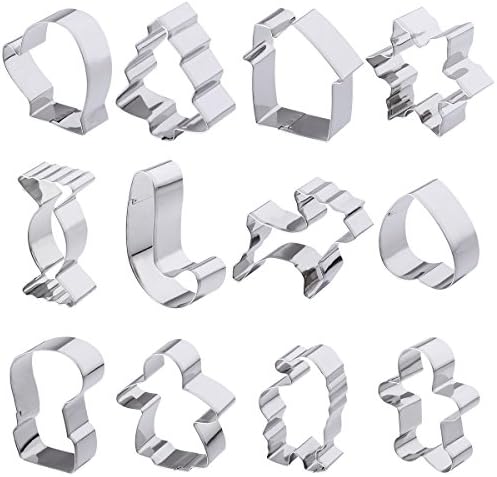 12pcs Christmas Cookie Cutters Set Cake Biscuit Moulds Stainless Steel Including Gingerbread Man, Tree and Snowflake