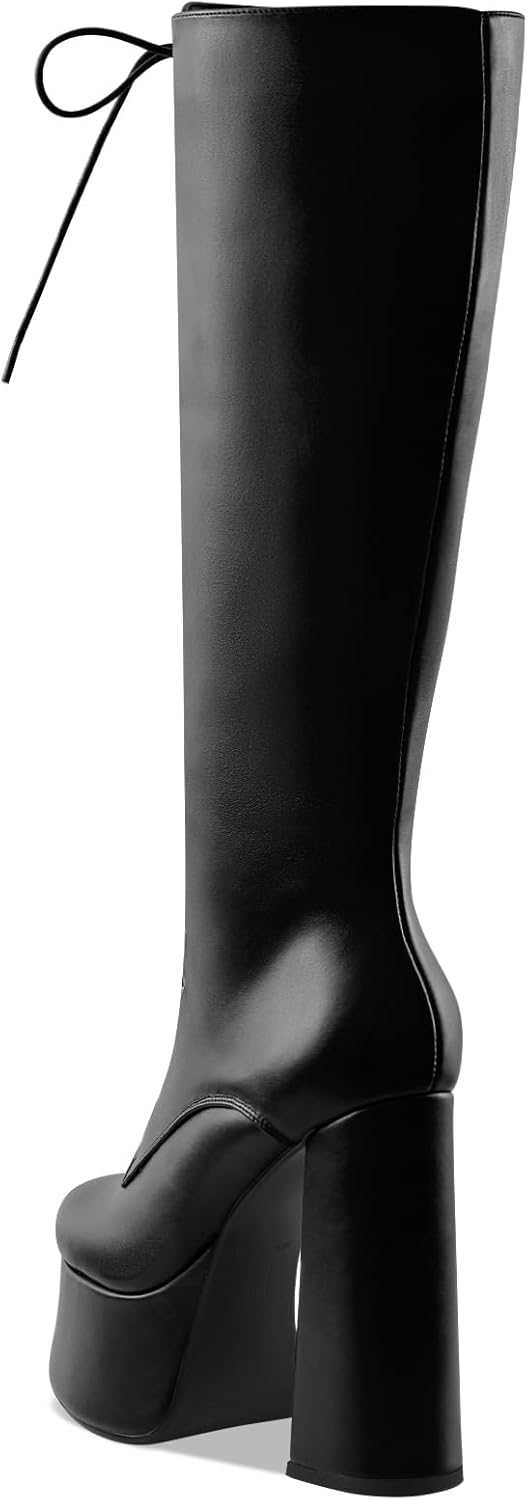 Women's High Chunky Heel Platform Knee High Boots Fashion Leather Lace Up Heeled Long Boots Wide Calf - Image 7
