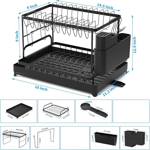 Image of ZENOVIA 2 Tier Stainless Steel Dish Drying Rack for Kitchen Counter | Drain Tray, Plate Stand, Cup Holder, Cutlery Holder