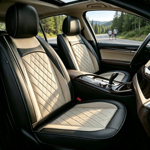 JIAMAOXIN Seat Covers Fit for Ford Edge 2007-2024 2025 2026, 5 Seats Full Set Car Seat Covers Faux Leather Waterproof Seat Protectors (Black & Beige)