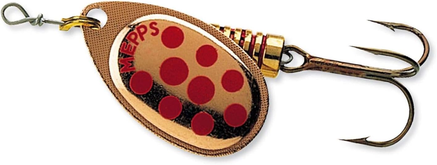 MEPPS – Kit de 3 cucharas AGLIA N°2 – Ideal para truchas y otros carnívoros – Diseño de puntos rojos – 1 plata, 1 oro, 1 cobre – 4,5 gr
