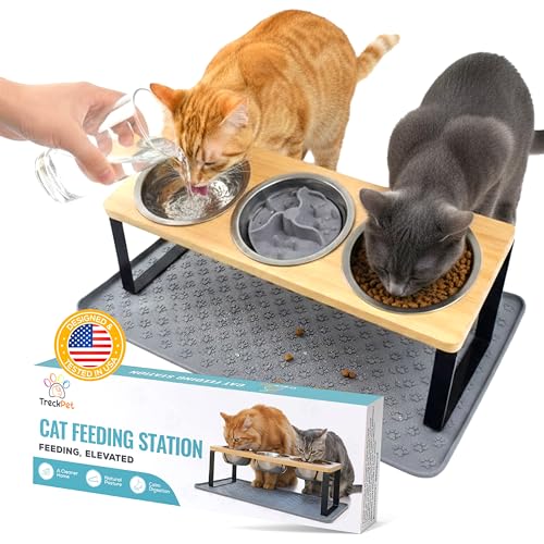 3 Bowl Elevated Cat Feeding Station-Raised Cat Food Bowls & Cat Bowls Elevated-15 Tilted Cat Food Bowls with Anti Slip Mat & Cat Slow Feeder IncludedAnti-Vomiting Raised Slow Feeder Cat Bowl