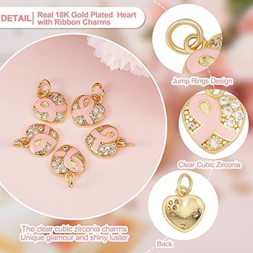 Beebeecraft 1 Box 15Pcs Heart Pink Ribbon Charms 18K Gold Plated Brass Breast Cancer Awareness Cubic Zirconia Pendants Charm with Jump Ring for DIY Jewelry Craft Making Supplies - Image 4