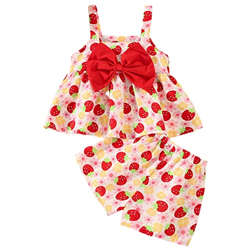 Toddler Baby Girls Tank Outfits Summer Sleeveless Bow Knot Strawberry Tops Fruit Shorts Crop Top and (Red, 6-12 Months)