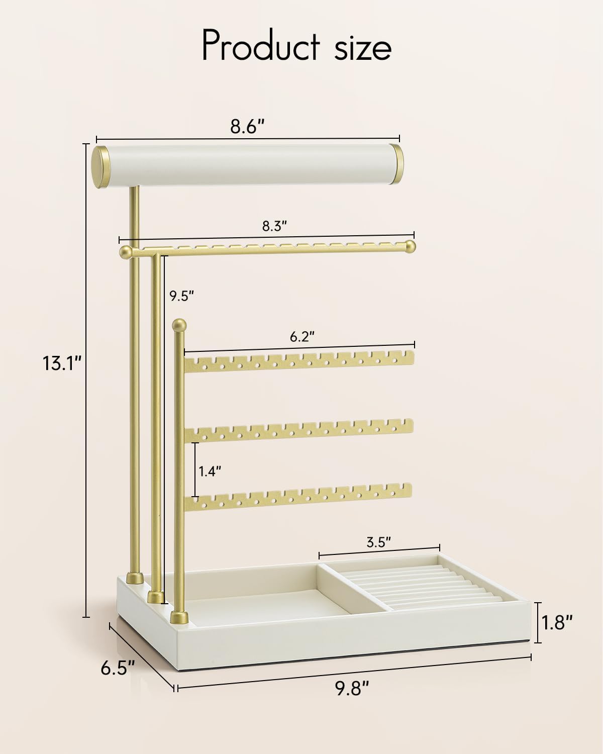 VLANDO Jewelry Stand Organizer with Ring Holder, Jewelry Holder Organizer with Tray, Necklace Bracket Earring Holder - Cloud White