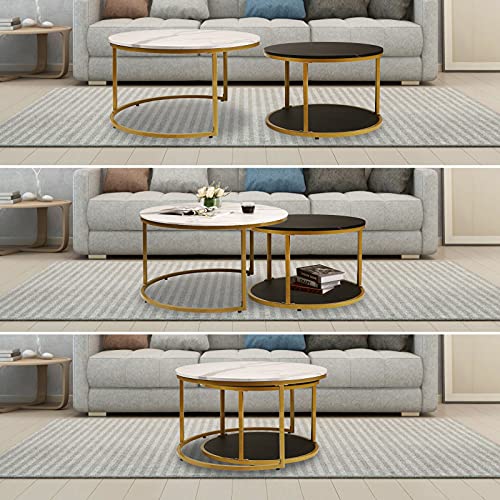 Image of NSdirect Nesting Coffee Table Set of 2,Round Coffee Tables Modern Circle Table for Living Room Accent End Side Table with Storage Open Shelf Wooden Top & Gold Sturdy Metal Frame(White&Black)