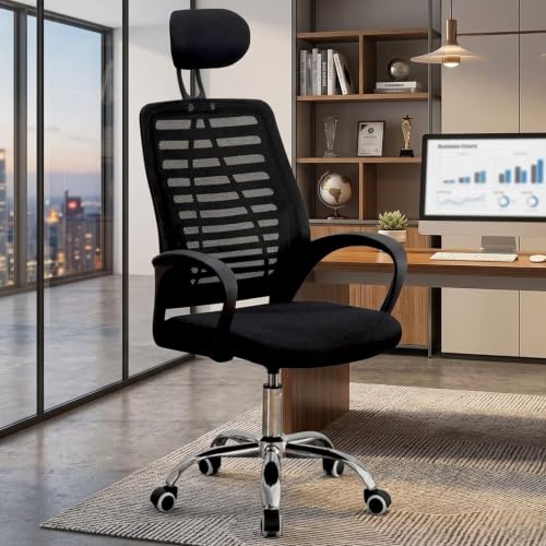 Image of NORMAN JR,Mesh Office Desk Chair,Rocking Ergonomic Computer Chair Adjustable High with Headrest and Comfortable Armrest Swivel - Black & Black Handle