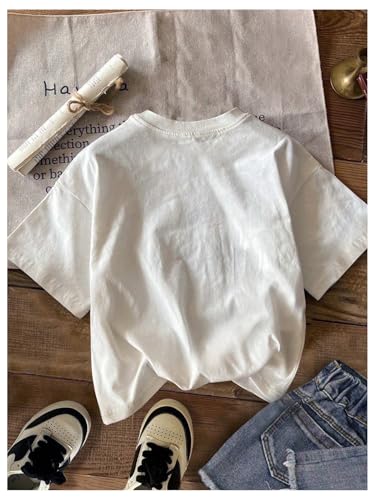 Verdusa Girl's Letter Print Casual T Shirt Short Sleeve Round Neck Tee Tops White Blue Butterfly 10Y2