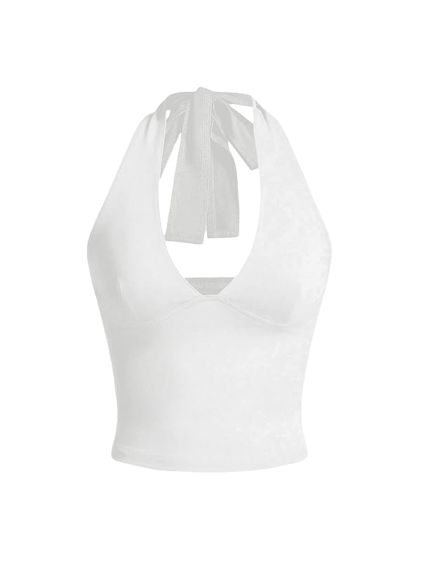 Milumia Women's Sexy Low Cut Halter Top Y2K Tie Backless Cami Tank Top Clubbing Outfits White Large by Milumia - Used condition - US$16.35