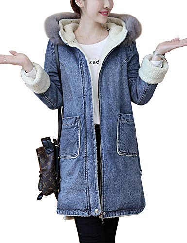 Gihuo Women's Thick Sherpa Fleece Lined Hooded Long Jean Jacket Denim Coat (Blue, Medium)