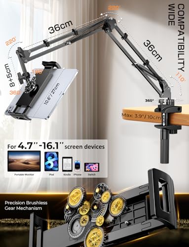 Mumay Tablet Halterung Bett, 360° Sockel mit Flexibler Einstellbare Lang Arm Ständer Kindle Zubehör für Tisch, Kompatibel mit iPad Pro/Handy/Switch/Galaxy Tabs, oder Anderen Geräten von 4,7-16.1 Zoll