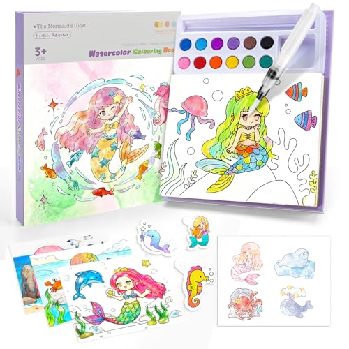 Libro da Colorare ad Acqua Sirena per Bambini: Set Pittura 3-in-1 con 12 Colori, 3 Tipi di Libro da Colorare & Pennello| Giochi Creativi, Attività Manuali | Giocattolo Educativo per Ragazzi/Ragazze 3+