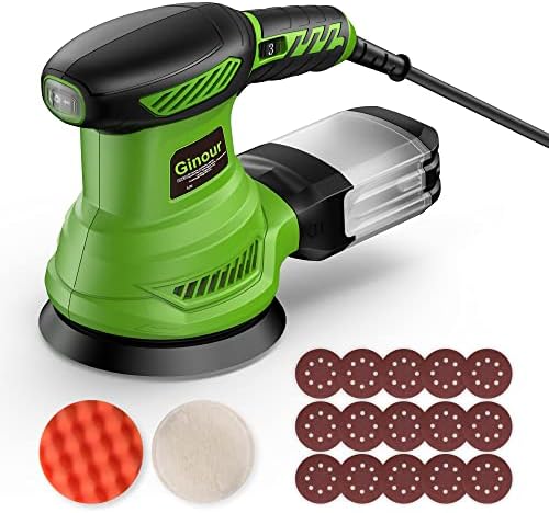 Orbital Sander, Ginour 300W Powerful Random Orbital Sanders, 6 Variable Speed 6000-13000RPM Electric Palm Sander with Transparent Dust Box, 15PCS Sandpaper, Sponge, Wool Disc, Sanders for Woodworking