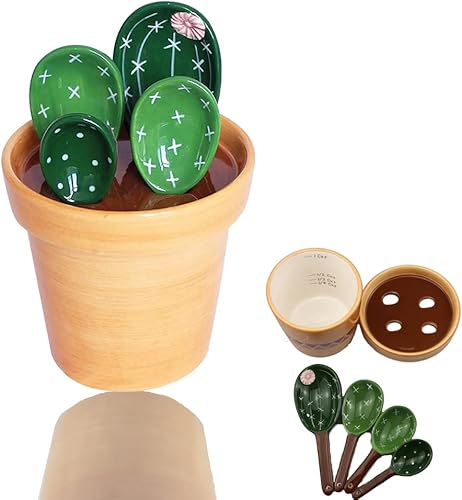 Juego de cucharas medidoras de cactus en maceta, juego de cucharas medidoras con base, cucharas medidoras de cactus de cerámica para hornear, sal,
