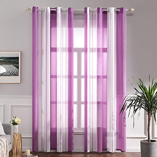 MIULEE Lot de 2 Décorative Rideaux Voilage Imprimes Fenêtre Design Moderne Uni à Oeillets Décoration pour Maison Salon Cuisine Chambre 140x225cm Blanc+ Violet Clair