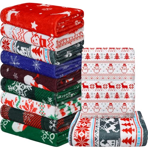 Preboun 9 Pcs Christmas Throw Blankets Bulk Soft Fleece Blanket Reindeer Santa Snowman Snowflake Holiday Printed Flannel Blanket for Winter Couch Bedding 50 x 60