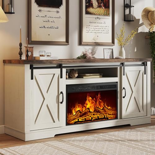 AMERLIFE Fireplace TV Stand with Sliding Barn Door for...