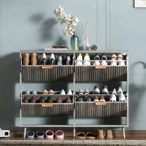 Image of Shoe Cabinet Storage,Modern Freestanding Organizer with 4 Flip Drawers,Narrow Shoe Rack Cabinet for Entryway,Grey