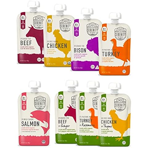 Serenity Kids 6+ Months Protein Sampler Baby Food Pouches Bundle | Beef, Bison, Chicken, Turkey, Salmon (20 Count) Cover