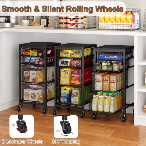 Image of Rolling Storage Cart with Drawers, Under Desk Storage with Wooden Tabletop & Lockable Wheels, 4-Tier Storage Drawers for Bathroom, Craft, Office, Black