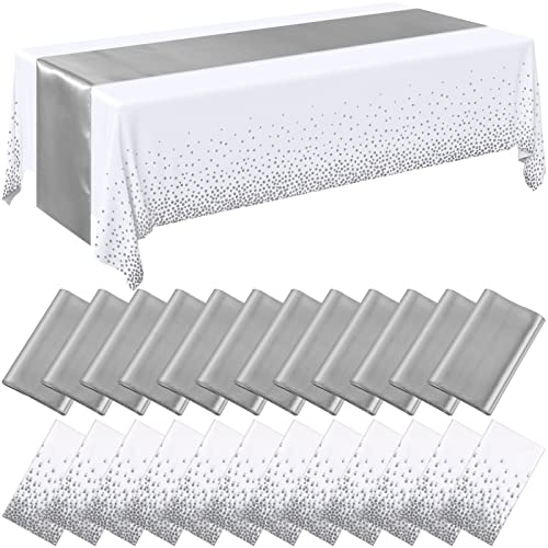 Image of Breling 24 Packs White and Silver Disposable Plastic Tablecloths and Satin Table Runner Set, 54 x 108 Inch Tablecloth, 12 x 108 Inch Table Runners for Wedding Graduation Birthday Baby Shower
